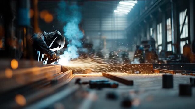 An expert welder uses heat and pressure to join metal pieces together, creating strong bonds in a bustling workshop filled with tools and equipment