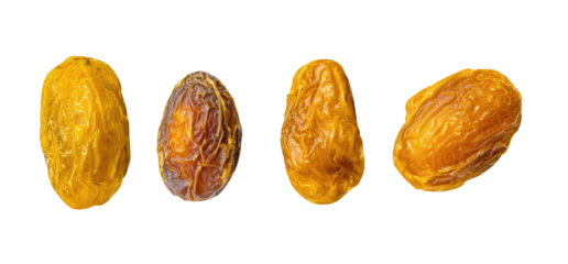 Four golden raisins of various shapes and textures on a black background