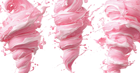 Swirling pink liquid forms three abstract vortex shapes against black