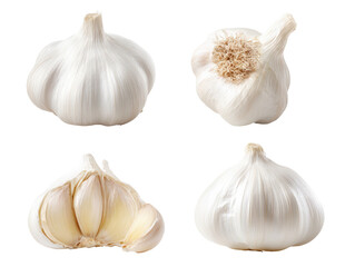 Fototapeta premium Four views of white garlic bulbs, one partially opened