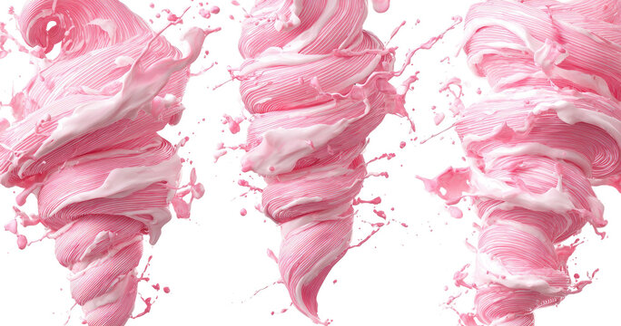 Swirling pink liquid forms three abstract vortex shapes against black