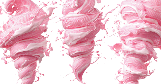 Swirling pink liquid forms three abstract vortex shapes against black