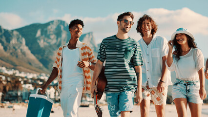 Friends, laughing or walk on beach with bonding together, cooler for summer holiday or travel adventure. People, smile or stroll by ocean with guitar for picnic, weekend getaway or vacation activity.