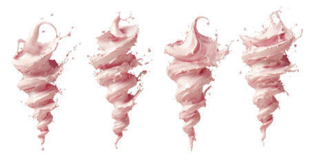 Swirling pastel pink frozen dessert forms on black background