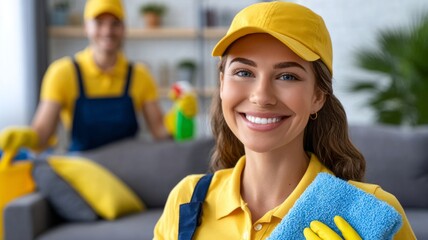 A woman in a yellow shirt and blue overalls is smiling and holding a blue cloth
