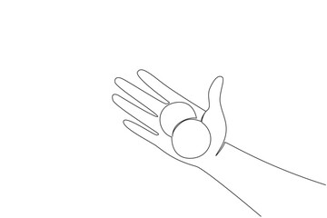 Continuous line drawing of a human palm hand holding two coin cell batteries, health concept for household safety for National Button Battery Awareness Day to warn families about ingestion hazards.