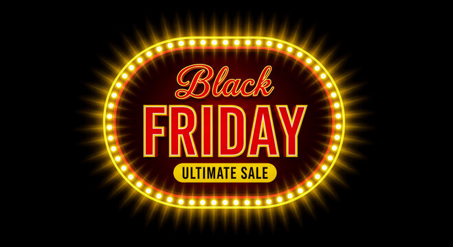 Glowing black friday ultimate sale neon sign advertising banner illustration