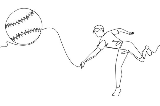 One line drawing of a man pitcher striding to throw deliver a softball, sports concept for athletic performance, for World Softball Day highlighting teams, tournaments, coaches, and global participate
