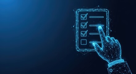 Digital checklist with checkboxes being marked by a futuristic glowing hand on a dark blue background