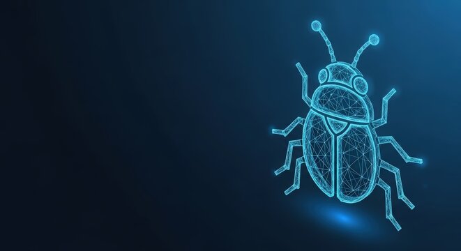 Digital bug illustration with glowing blue wireframe on dark background