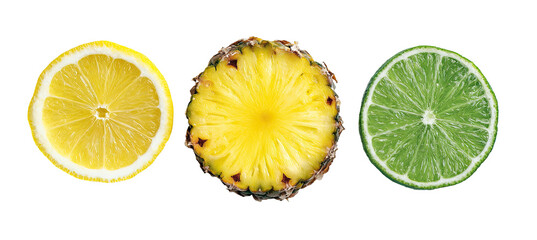 Three fruit slices in a row yellow lemon, bright pineapple, green lime