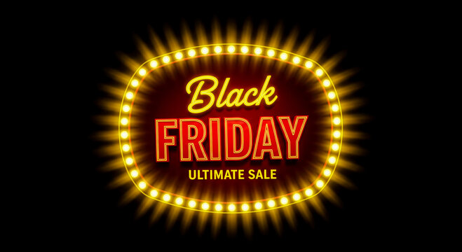 Bright glowing ultimate sale black friday neon sign  retro light frame isolated on dark background