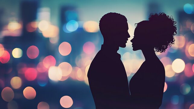 Silhouetted couple embracing against a bokeh cityscape at night
