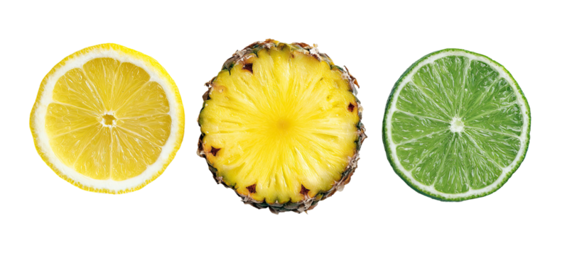 Three fruit slices in a row yellow lemon, bright pineapple, green lime