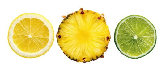 Sliced citrus fruits and pineapple on black background