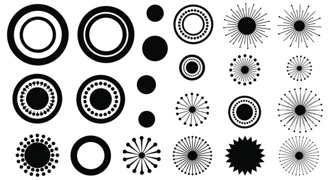 Black and white circles and starbursts graphic design elements vector set