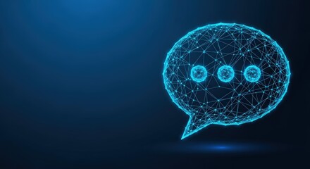 Futuristic chatbot represented by a glowing blue digital speech bubble with AI intelligence connections