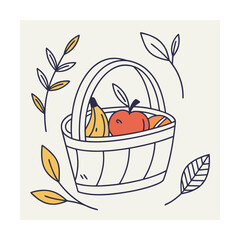 Doodle style basket of assorted fruits with decorative leaves and branches banana