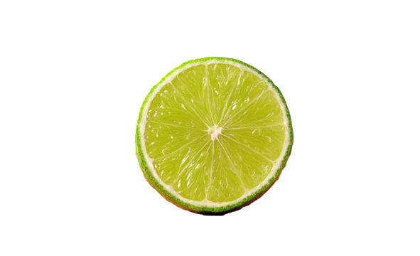 Bright green lime slice with segmented interior, black background