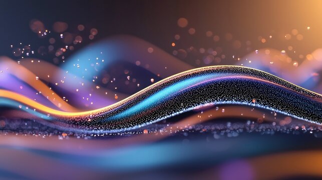 Abstract, flowing, wavy lines with shimmering particles and soft bokeh lights in warm and cool tones, creating a futuristic and ethereal atmosphere.