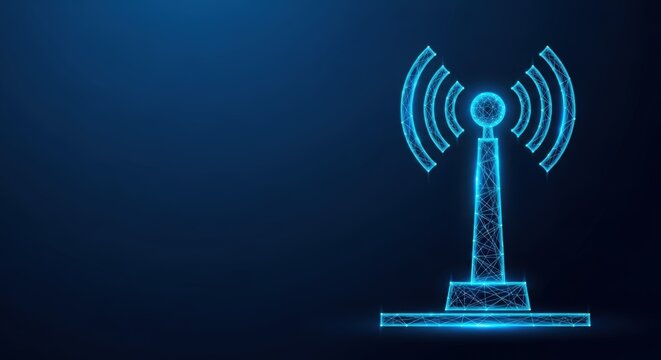 Glowing blue digital network tower transmitting wireless signals on a dark background
