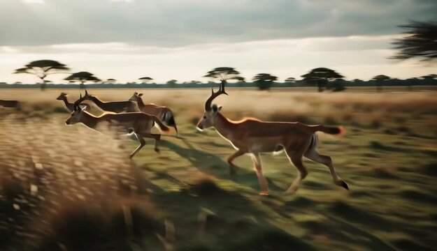 Running Lechwe Antelopes African Wildlife in Savanna Landscape