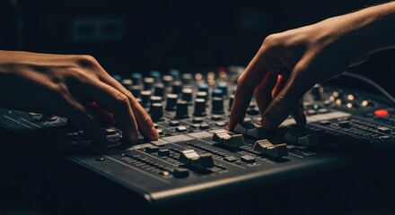 Close up shot of audio equipment, including a mixing board, being adjusted by hands, preparing a new music track for performance ,workflow ,making ,composing