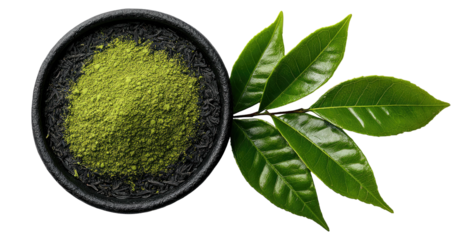 Vibrant green tea powder and fresh leaves on black background (1)
