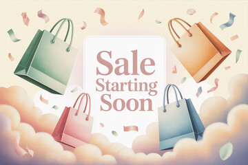 Get ready for amazing deals Sale starting soon with colorful shopping bags and confetti floating around, perfect for retail promotions and attracting customers