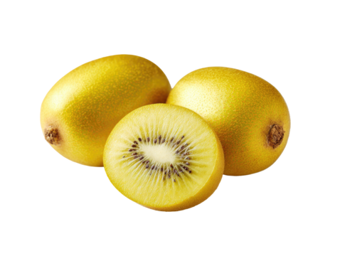 Three golden kiwis, one sliced revealing inner flesh and seeds