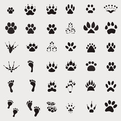 Comprehensive vector collection of animal paw prints, human footprints, and various stylized creature tracks and imprints for diverse design