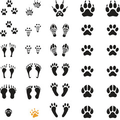 Comprehensive vector collection of animal paw prints, human footprints, and various stylized creature tracks and imprints for diverse design