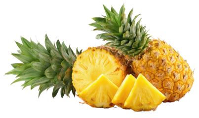 Juicy pineapple with sliced pieces and green leafy crown