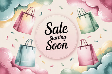 Get ready for amazing deals with our sale starting soon, surrounded by shopping bags and confetti for a fun, celebratory vibe perfect for retail promotions