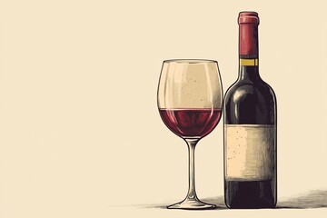 Elegant wine bottle and glass with red wine on a light background