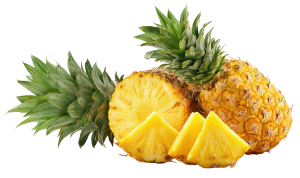 Juicy pineapple with sliced pieces and green leafy crown
