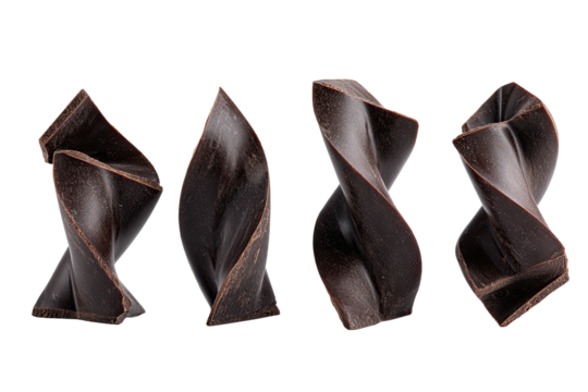 Four dark chocolate pieces twisted into elegant spirals