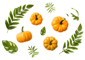 Autumn harvest of small pumpkins and greenery on black
