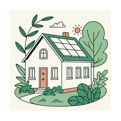 Eco-friendly house with solar panels surrounded by lush greenery and a sunny sky