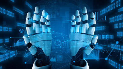 Captivating visual representation of robotic hands engaged in data analysis, showcasing digital elements like graphs and binary code in a futuristic setting. Xenic