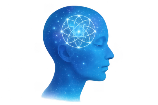 Human head with sacred geometry and cosmic mind concept