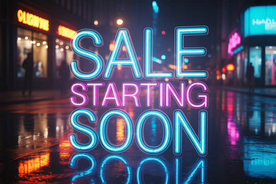 Exciting neon sale announcement on wet city street, vibrant urban scene, perfect for retail promotion, discount advertising, limited time offer, shop now, don't miss out