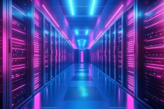Futuristic server room with neon blue and pink lighting