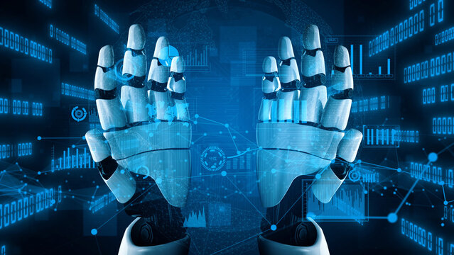 Captivating visual representation of robotic hands engaged in data analysis, showcasing digital elements like graphs and binary code in a futuristic setting. Xenic