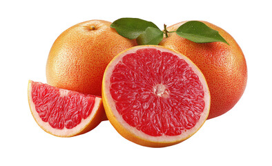Fresh ruby red grapefruits, whole and sliced, with leaves