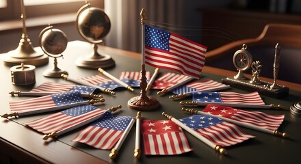 Concept of American unity and politics with flags arranged on a government desk isolated PNG with Transparent Background