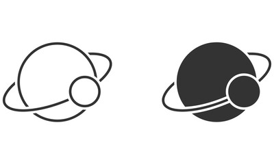 Celestial Orbit: A minimalist design depicts two contrasting representations of a planet with a prominent ring system and a smaller orbiting celestial body.