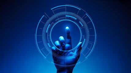 Futuristic digital hand interface with glowing blue touch technology