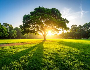 Large tree with shadow on green grass during sunrise in park