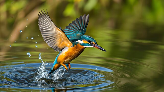 Colorful kingfisher bird emerging from water with wings spread in nature
